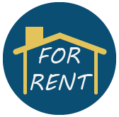 a blue circle featuring a yellow hourse icon with the words "for rent"